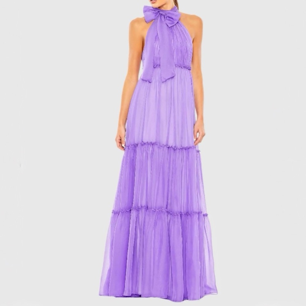New Ieena for Mac Duggal Purple Ruched Tiered High Neck Bow A Line Gown Size 4